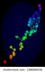 Bright spectrum mesh vector map of Palau Islands with glow effect. Abstract lines, triangles, glare spots forms map of Palau Islands on a dark background.