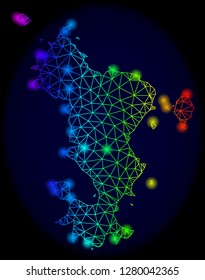 Bright spectrum mesh vector map of Mayotte Islands with glowing effect. Abstract lines, triangles, light spots forms map of Mayotte Islands on a dark background.