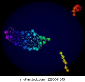 Bright spectrum mesh vector map of Madeira Islands with glow effect. Abstract lines, triangles, light spots forms map of Madeira Islands on a dark background.