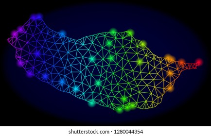 Bright spectrum mesh vector map of Madeira Island with glowing effect. Abstract lines, triangles, glare spots forms map of Madeira Island on a dark background.