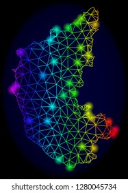 Bright spectrum mesh vector map of Karnataka State with glare effect. Abstract lines, triangles, light spots forms map of Karnataka State on a dark background.