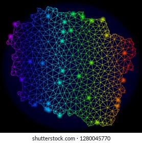 Bright spectrum mesh vector map of Kujawy-Pomerania Province with glowing effect. Abstract lines, triangles, light spots forms map of Kujawy-Pomerania Province on a dark background.