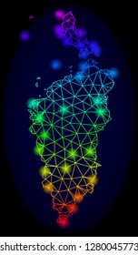 Bright spectrum mesh vector map of Krasnoyarskiy Kray with glowing effect. Abstract lines, triangles, light spots forms map of Krasnoyarskiy Kray on a dark background.