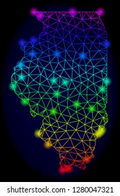 Bright spectrum mesh vector map of Illinois State with glare effect. Abstract lines, triangles, light spots forms map of Illinois State on a dark background.