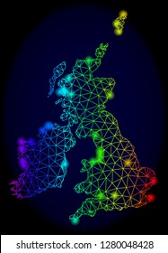 Bright spectrum mesh vector map of Great Britain and Ireland with glowing effect. Abstract lines, triangles, light spots forms map of Great Britain and Ireland on a dark background.