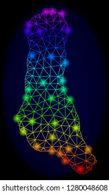 Bright spectrum mesh vector map of Grande Comore Island with glowing effect. Abstract lines, triangles, light spots forms map of Grande Comore Island on a dark background.