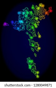 Bright spectrum mesh vector map of Faroe Islands with glowing effect. Abstract lines, triangles, flash spots forms map of Faroe Islands on a dark background.