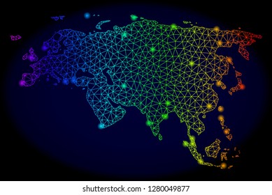 Bright spectrum mesh vector map of Europe and Asia with glare effect. Abstract lines, triangles, light spots forms map of Europe and Asia on a dark background.