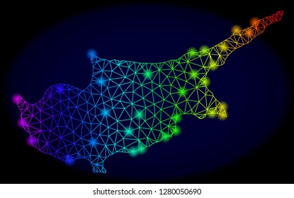 Bright spectrum mesh vector map of Cyprus Island with glowing effect. Abstract lines, triangles, flash spots forms map of Cyprus Island on a dark background.