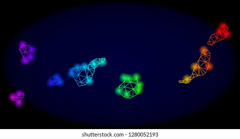 Bright spectrum mesh vector map of Canary Islands with glare effect. Abstract lines, triangles, light spots forms map of Canary Islands on a dark background.