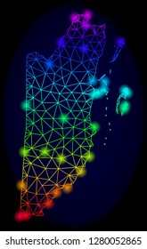 Bright spectrum mesh vector map of Belize with glare effect. Abstract lines, triangles, glare spots forms map of Belize on a dark background. Mesh and glowing elements are placed on different layers.