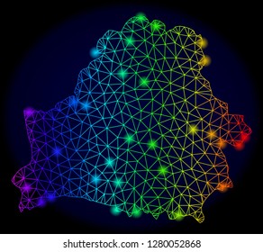 Bright spectrum mesh vector map of Belarus with glow effect. Abstract lines, triangles, glare spots forms map of Belarus on a dark background. Mesh and glare elements are placed on different layers.