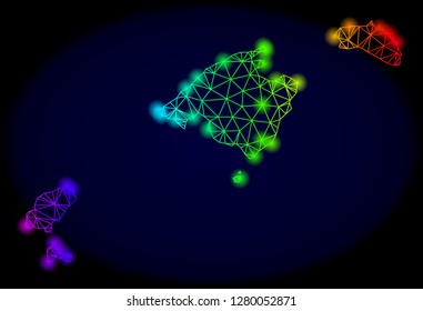 Bright spectrum mesh vector map of Balearic Islands with glow effect. Abstract lines, triangles, light spots forms map of Balearic Islands on a dark background.