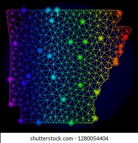 Bright spectrum mesh vector map of Arkansas State with glowing effect. Abstract lines, triangles, light spots forms map of Arkansas State on a dark background.