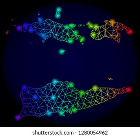 Bright spectrum mesh vector map of American Virgin Islands with glare effect. Abstract lines, triangles, glare spots forms map of American Virgin Islands on a dark background.