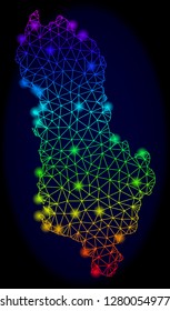 Bright spectrum mesh vector map of Albania with glare effect. Abstract lines, triangles, light spots forms map of Albania on a dark background.