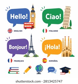 Bright speech bubbles displaying hello in English French Italian and Spanish with city skylines