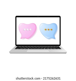 Bright speech bubbles in the form of love hearts with a laptop isolated on a white background.