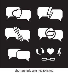 bright speech bubbles on dark background with heart, chains, lightning and circled arrows as communication abstract vector illustration set