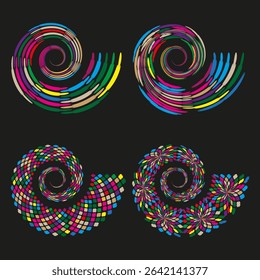 Bright spiral design. Rainbow vortex shape. Colorful rotation form. Vector abstract swirl.