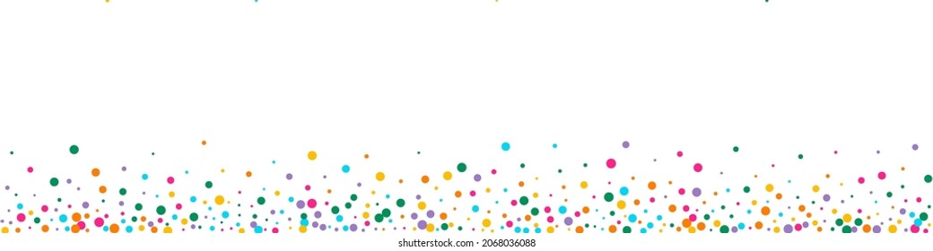 Bright Splash Transparent Vector Panoramic Background. Effect Polka Wallpaper. Flying Confetti Pattern. Rainbow Round Vector Banner.