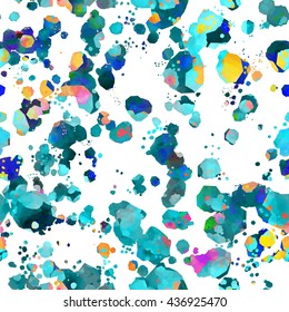 Bright splashes on white backdrop. Abstract seamless background with watercolor effect. Spotted pattern. Blots, stains, drops and splashes. For fabrics, wallpaper wrapping paper printing.