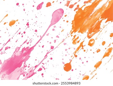 Bright splashes of pink and orange paint on a white background, creating a vibrant and dynamic abstract design.