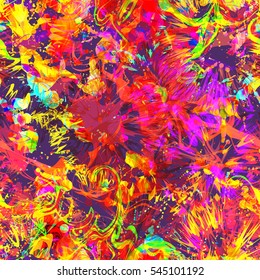 Bright splashes seamless texture. Yellow, purple, red, green colors. Blots and stains. Art vector design. Beautiful abstract creative pattern. Watercolor effect.