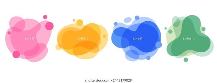 Bright splashes. Set of abstract liquid shapes. Dynamic vibrant color backgrounds for creative graphic design. Vector illustration.