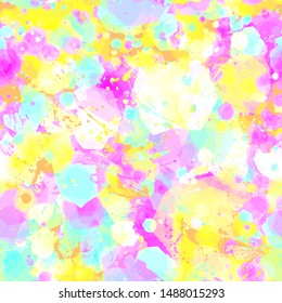 Bright splatter seamless texture. Pink, yellow, blue pattern. Abstract vector background for web page, banners backdrop, fabric, home decor, wrapping