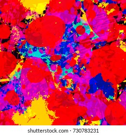 Bright splatter seamless texture. Red, blue, yellow, orange, purple colors. Abstract vector background for web page, banners, fabric, home decor, wrapping 