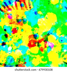 Bright splattered seamless pattern. Red, yellow, green, blue colors. Abstract vector texture fir fabric, wrapping, home decor, banner backdrop. 