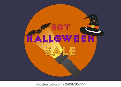 Bright and spooky Halloween sale banner featuring a witch hat and bat. Perfect for seasonal promotions and advertisements.