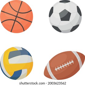 A bright sports set with the image of balls for playing volleyball,basketball,football, American football. Balls for game sports. Vector illustration isolated on a white background