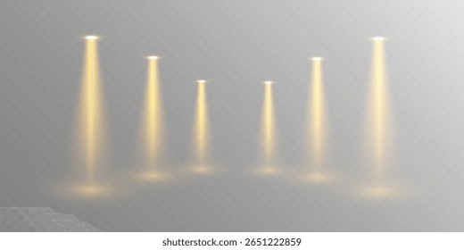 Haz de luz brillante con luz brillante, fondo transparente y efectos brillantes para Diseños de concierto, escenario o club nocturno.