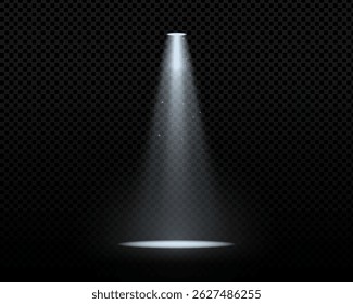 Bright spotlight beam on dark stage background. Vector illustration of glowing light ray with projector effect. Ideal for concert, theater, party, or cinema scenes. Transparent and abstract design.