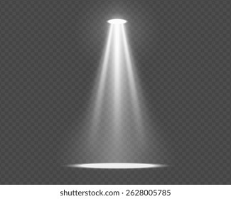 Haz de luz brillante en el fondo oscuro del escenario. Ilustración vectorial con brillo y efecto transparente. Ideal para escenas de conciertos, eventos de discotecas o diseños de iluminación volumétrica.
