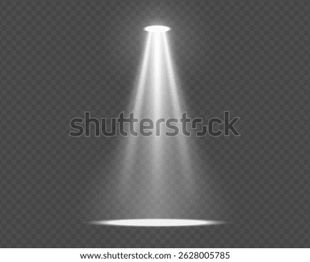 Bright spotlight beam on dark stage background. Vector illustration with glow and transparent effect. Ideal for concert scenes, nightclub events or volumetric lighting designs.
