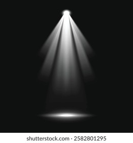 Bright spotlight beam shining down, illuminating a dark stage. Spotlight creates a dramatic effect, focusing light in a concentrated area. Perfect for theater scenes. Light effect vector.