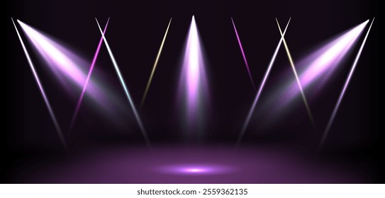 Bright spotlight beams create a dramatic atmosphere on a dark stage for a performance or event.