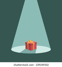 Bright spotlight illuminates the gift box - vector illustration