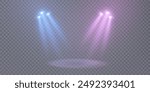 A bright spotlight on the stage shines with blue and pink rays. Isolated light effect for your design and illustration.