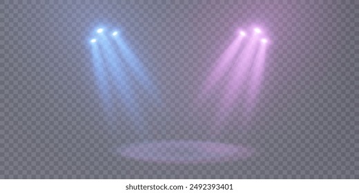 A bright spotlight on the stage shines with blue and pink rays. Isolated light effect for your design and illustration.