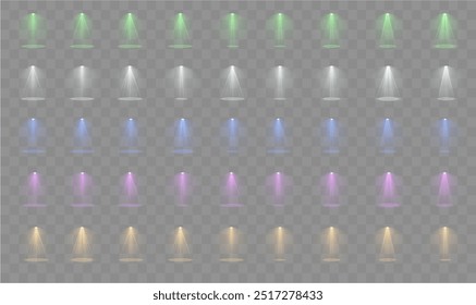 A bright spotlight on the stage shines with rays. Isolated light effect for your design and illustration.The vector set of light includes a light source, studio lighting, walls, and a PNG 