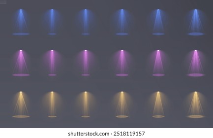 A bright spotlight on the stage shines with rays. Isolated light effect for your design and illustration.The vector set of light includes a light source, studio lighting, walls, and a PNG 