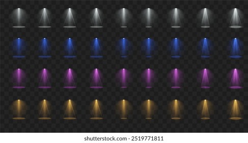 A bright spotlight on the stage shines with rays. Isolated light effect for your design and illustration.The vector set of light includes a light source, studio lighting, walls, and a PNG 