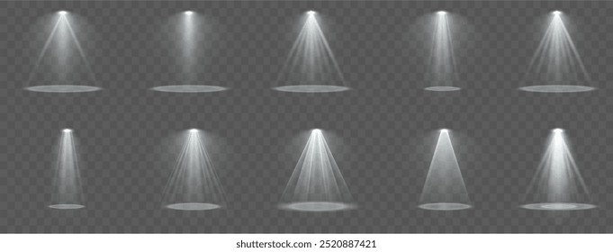 Uma luz de spot brilhante no palco brilha com raios. Efeito de luz isolada para seu design e ilustração. O conjunto vetorial de luz inclui uma fonte de luz, iluminação de estúdio, paredes e um PNG 