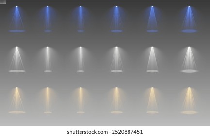 A bright spotlight on the stage shines with rays. Isolated light effect for your design and illustration.The vector set of light includes a light source, studio lighting, walls, and a PNG 