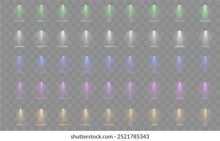 A bright spotlight on the stage shines with rays. Isolated light effect for your design and illustration.The vector set of light includes a light source, studio lighting, walls, and a PNG 