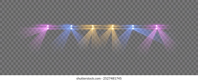 A bright spotlight on the stage shines with rays. Isolated light effect for your design and illustration.The vector set of light includes a light source, studio lighting, walls